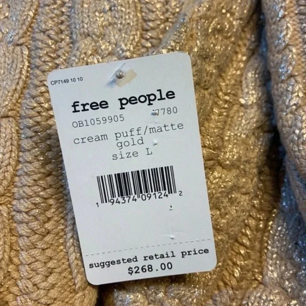 Free People Women's Good as Gold Sweater Dress LARGE Cable‎ Knit Metallic Party
